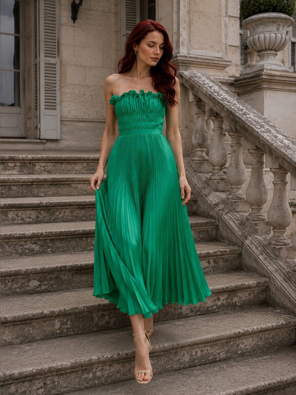 AMUR Giada Pleated Strapless Midi Dress in Green Grass Sz 0